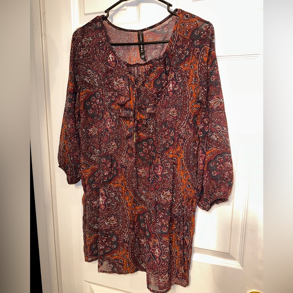 ANTHROPOLOGIE Banjara XS Pleated Lace Up Tie Drop Waist Sheer Poly Top